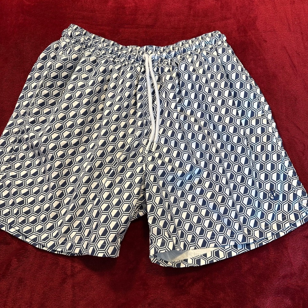 Retromarine New York Mens XL Swim Trunks Navy White Geometric Honeycomb Anchor